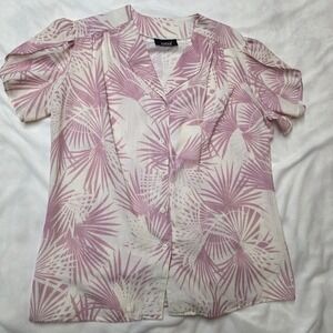 Lucia Pink White Tropical Palm Leaf Print Button Up Short Sleeve Blouse Top